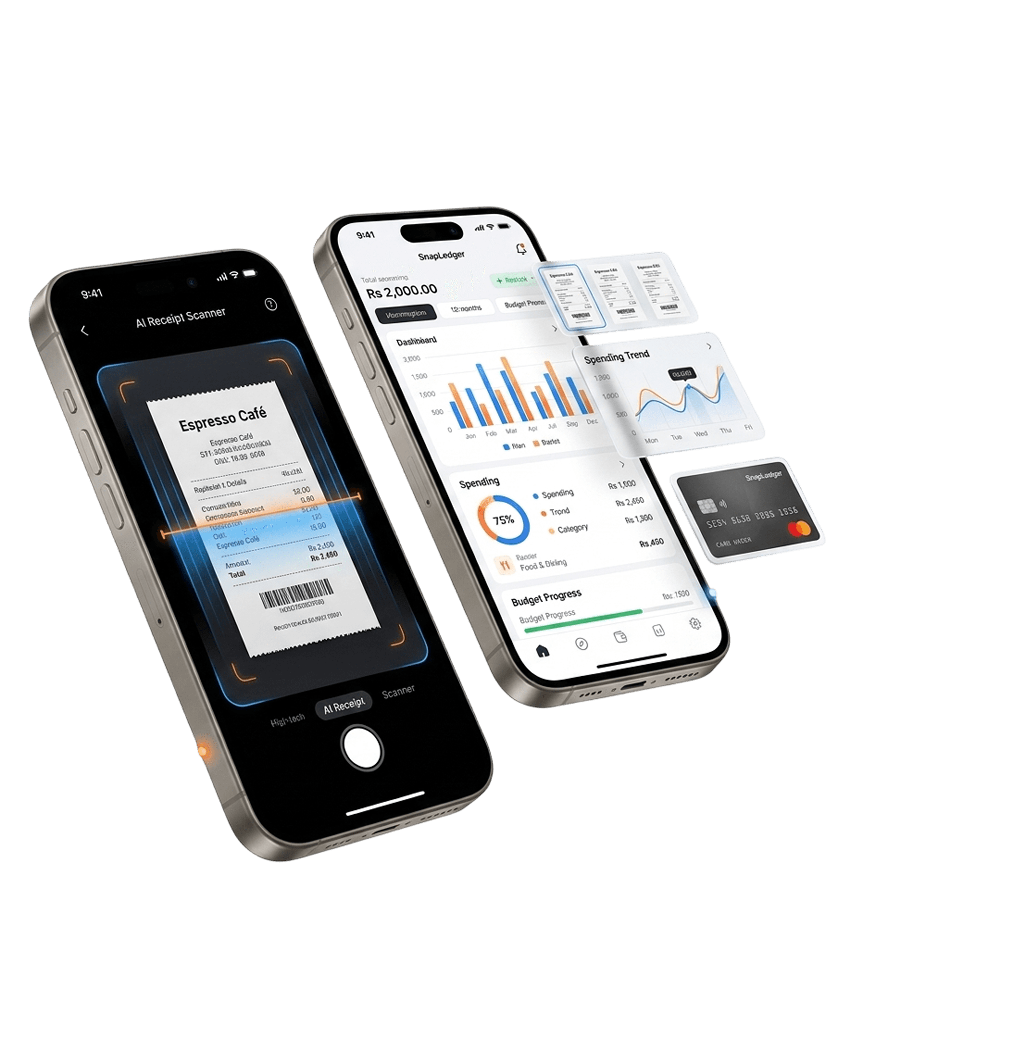 SnapLedger app showing receipt scanning and analytics dashboard