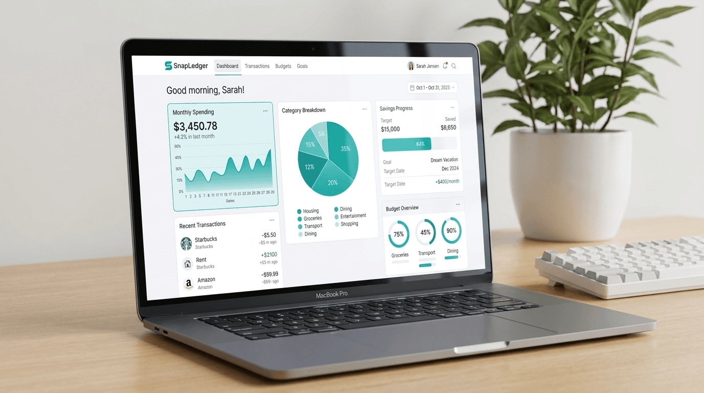 SnapLedger analytics dashboard on laptop